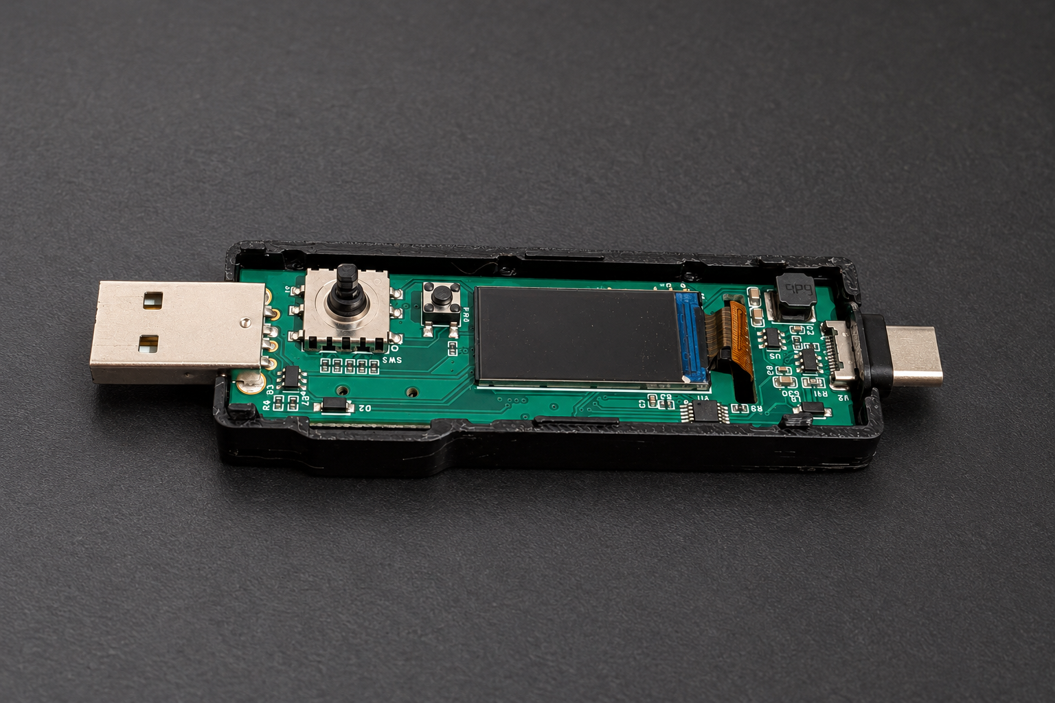 V2 prototype with its enclosure open, showing the circuit board, screen, controls, USB-A and USB-C connectors